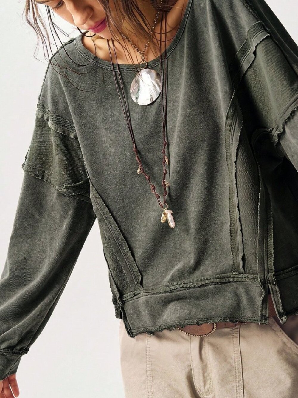 Army Green Casual Women's Boho Knit Hooded Long Sleeve Loose Cropped Sweatshirt